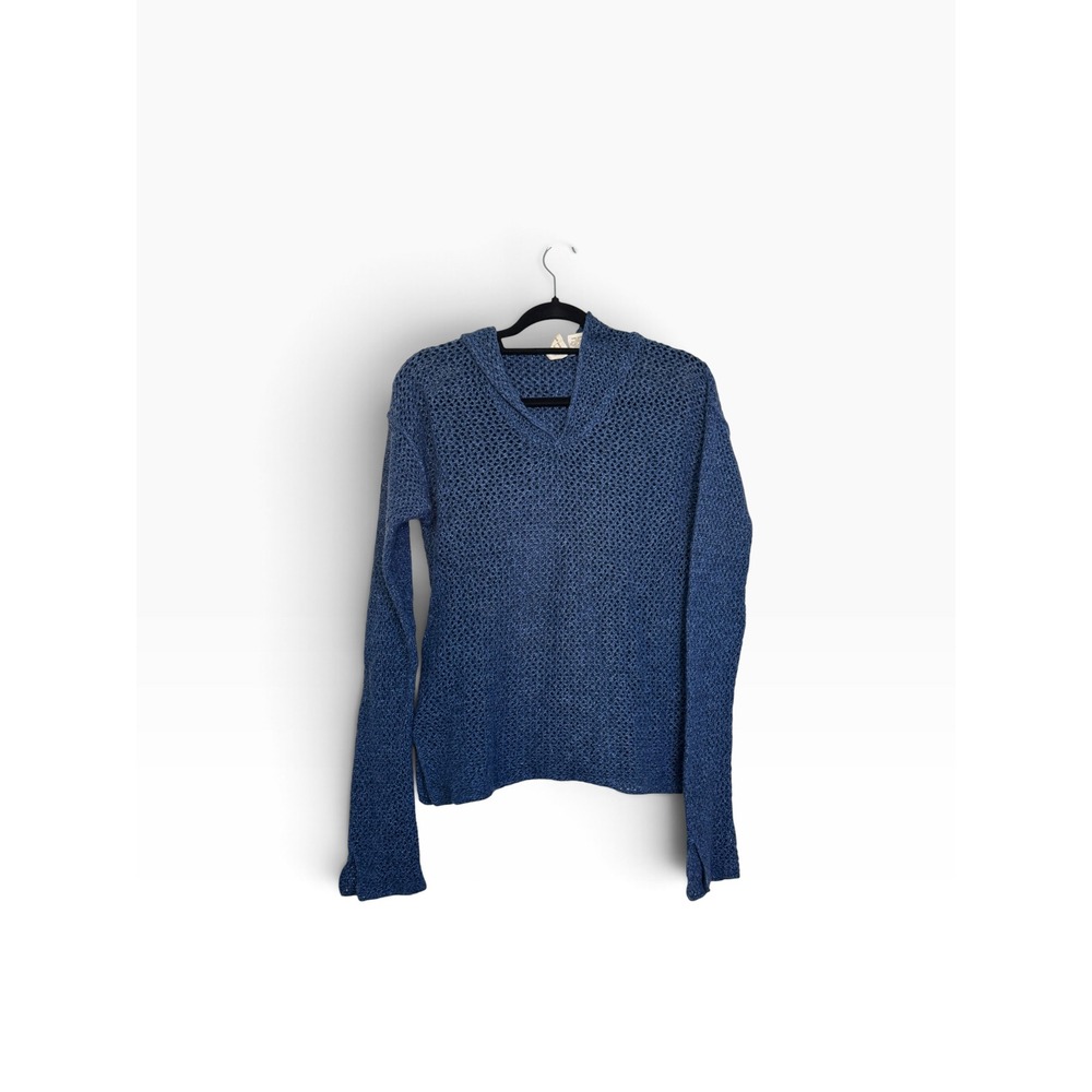 Next Era Blue Open Knit Ramie Wool Blend Hooded Sweater Medium Anthropologie